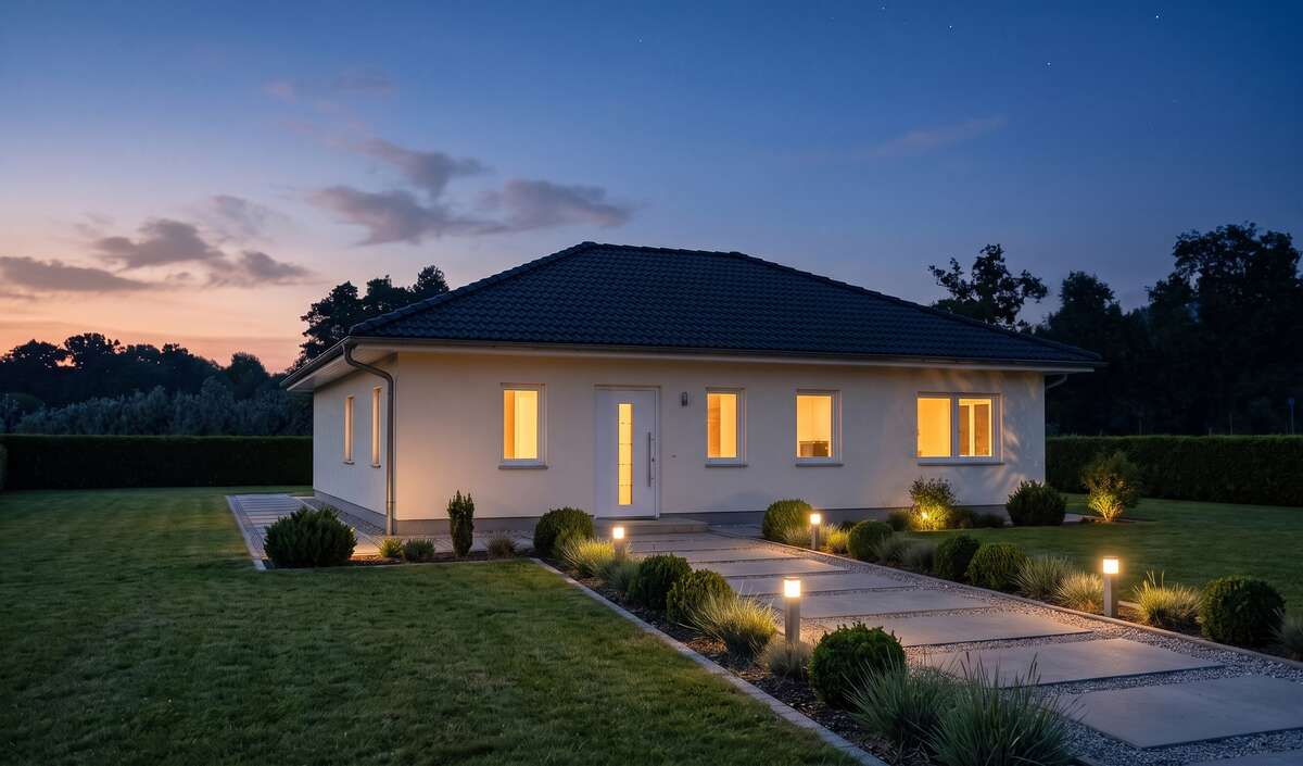 Bungalow liwi von Elbe-Haus, Eingangsansicht des 105 m² großen Architekten-Bungalows