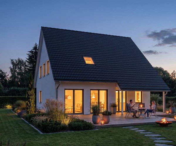 Klassikhaus vera von Elbe-Haus, Gartenansicht des Satteldachhauses mit 171 m² Nutzfläche