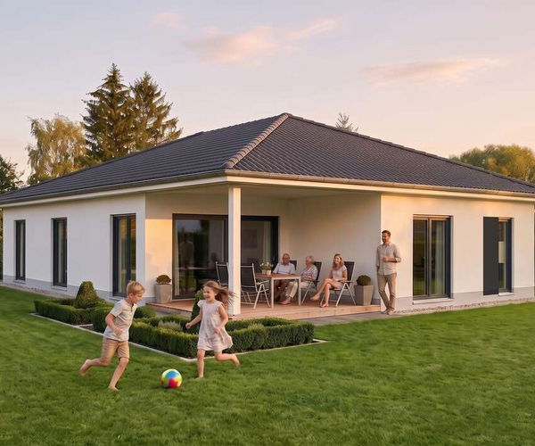 Bungalow slim von Elbe-Haus, Gartenansicht mit überdachtem Freisitz