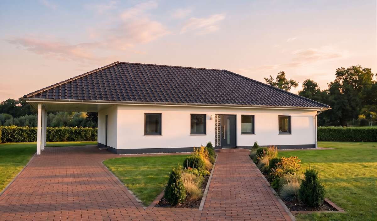 Bungalow flex von Elbe-Haus, Eingangsansicht mit integriertem Carport