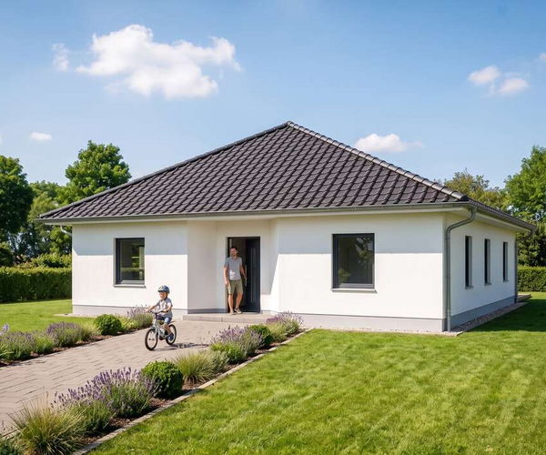 Bungalow entree von Elbe-Haus, Eingangsansicht mit eingerücktem Eingangsbereich