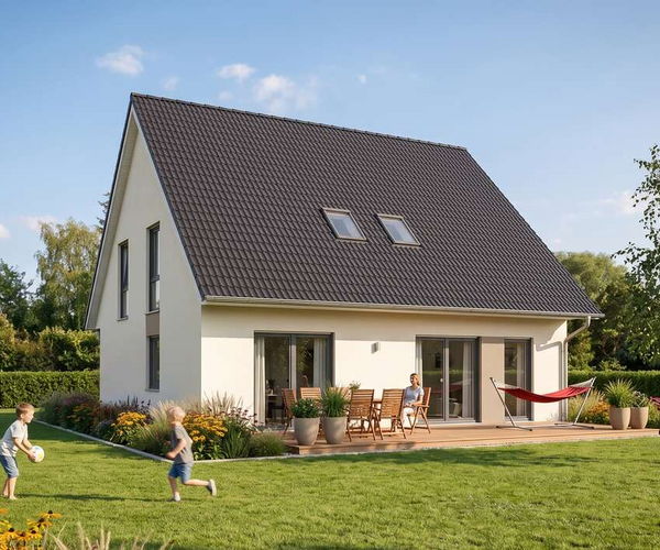 Klassikhaus family von Elbe-Haus, Gartenansicht des Familienhauses mit Satteldach