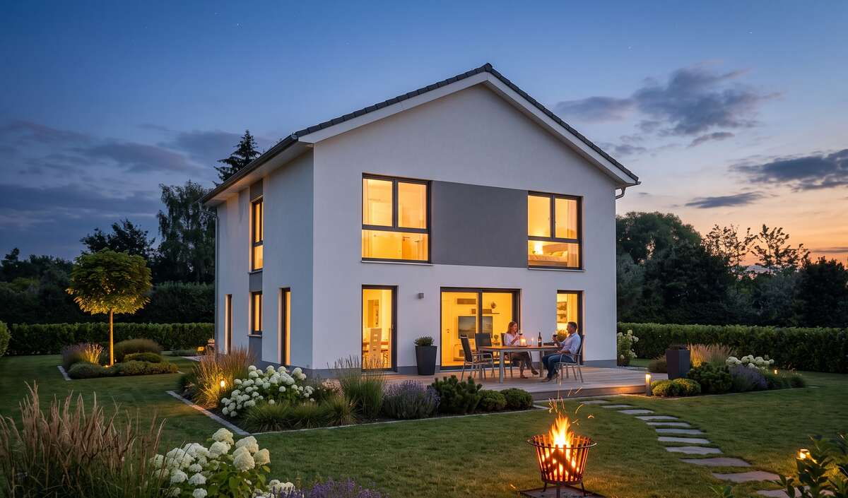 Stadtvilla plain von Elbe-Haus: Gartenansicht mit Terrasse vor dem offenen Wohn-/Essbereich