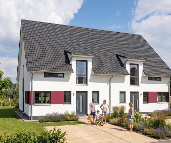 Doppelhaus semi von Elbe-Haus: Eingangsseite mit Satteldach und weißer Fassade mit Akzenten