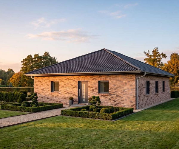 Bungalow linea von Elbe-Haus, Eingangsansicht des geradlinigen Architekten-Bungalows