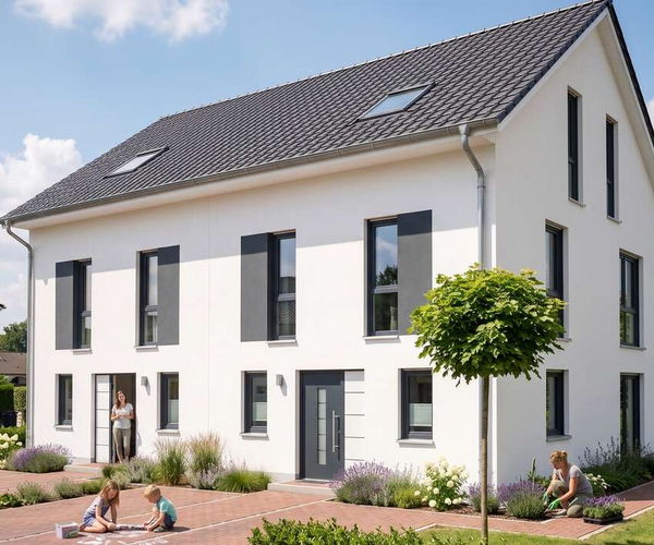 Doppelhaus duo von Elbe-Haus: Eingangsseite mit Satteldach und den Hauseingängen beider Haushälften