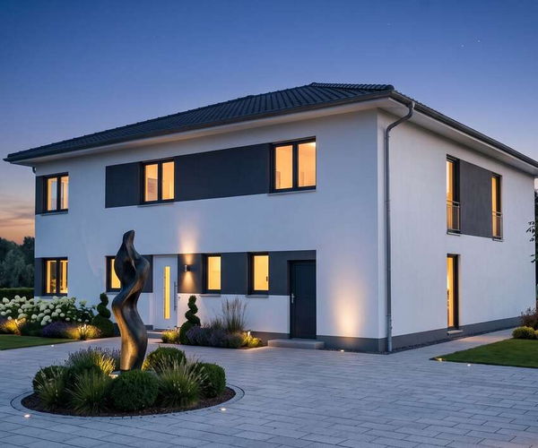 Stadtvilla grande von Elbe-Haus: Eingangsseite mit Walmdach, weißem Putz und anthrazitfarbenen Fassadenakzenten in der Abenddämmerung