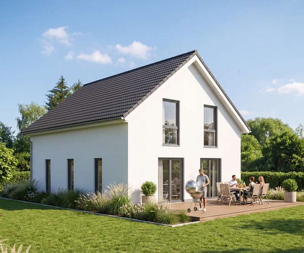 Klassikhaus gable von Elbe-Haus, Gartenansicht des Satteldachhauses mit Terrasse