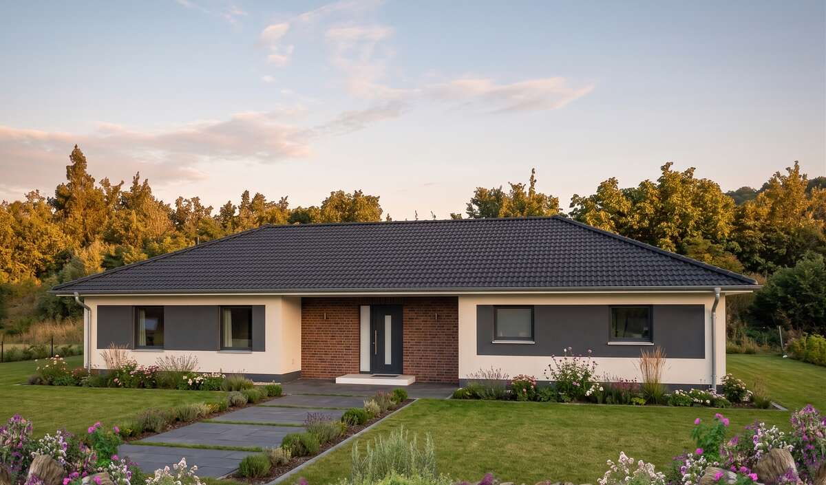 Bungalow grande von Elbe-Haus, Eingangsansicht des großzügigen Bungalows