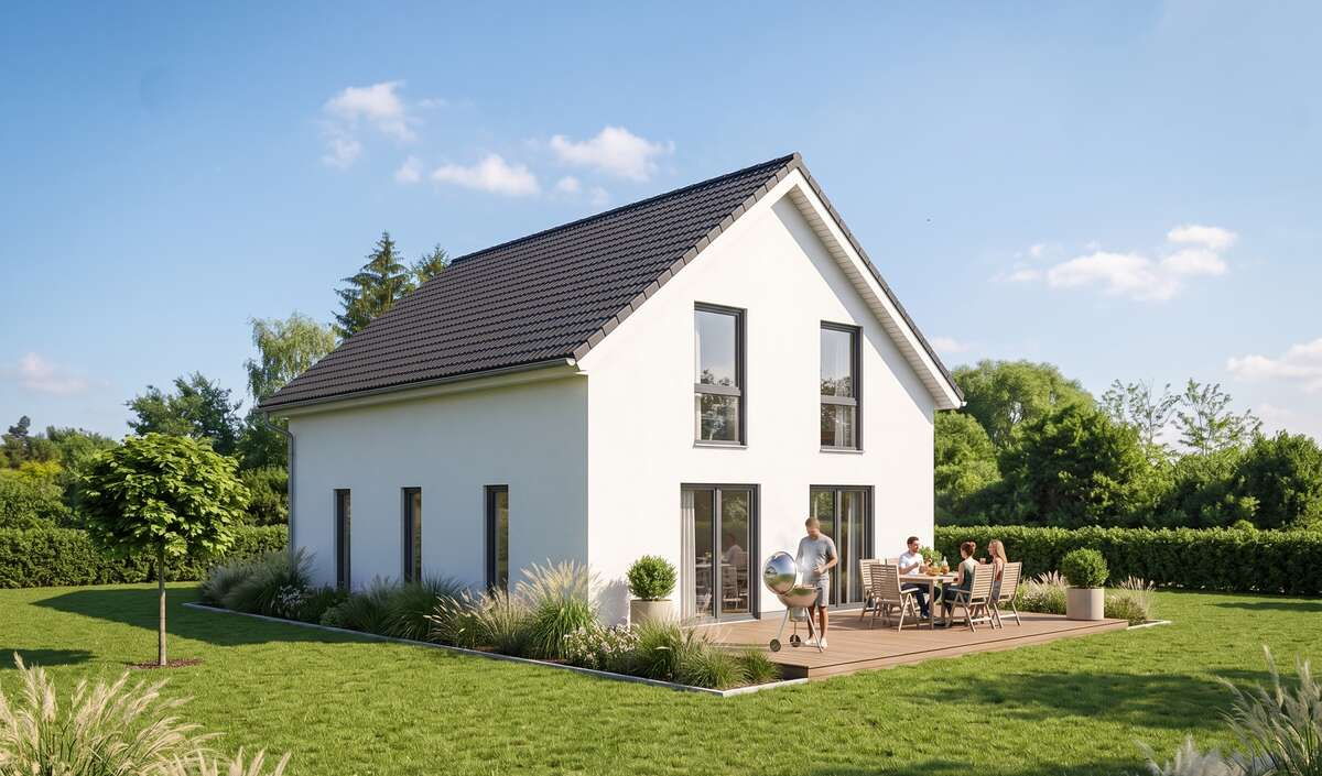 Klassikhaus gable von Elbe-Haus, Gartenansicht des Satteldachhauses mit Terrasse