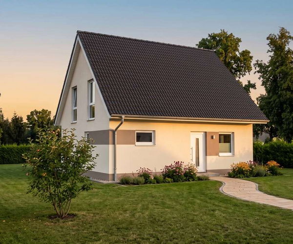 Klassikhaus linea von Elbe-Haus, Eingangsansicht des Satteldachhauses mit 139 m² Nutzfläche
