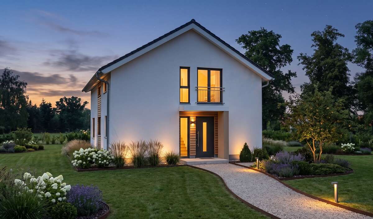 Stadtvilla neo von Elbe-Haus, Eingangsansicht der Stadtvilla mit 157 m² Nutzfläche