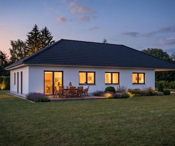 Bungalow flex von Elbe-Haus, Gartenansicht des gestreckten Architekten-Bungalows