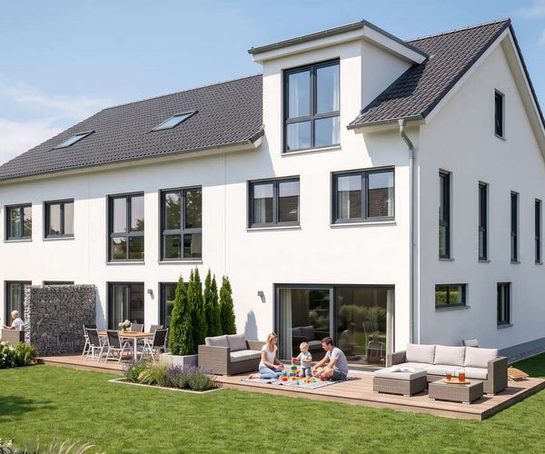 Reihenhaus link von Elbe-Haus: Gartenansicht der drei Reihenhäuser mit Terrassen