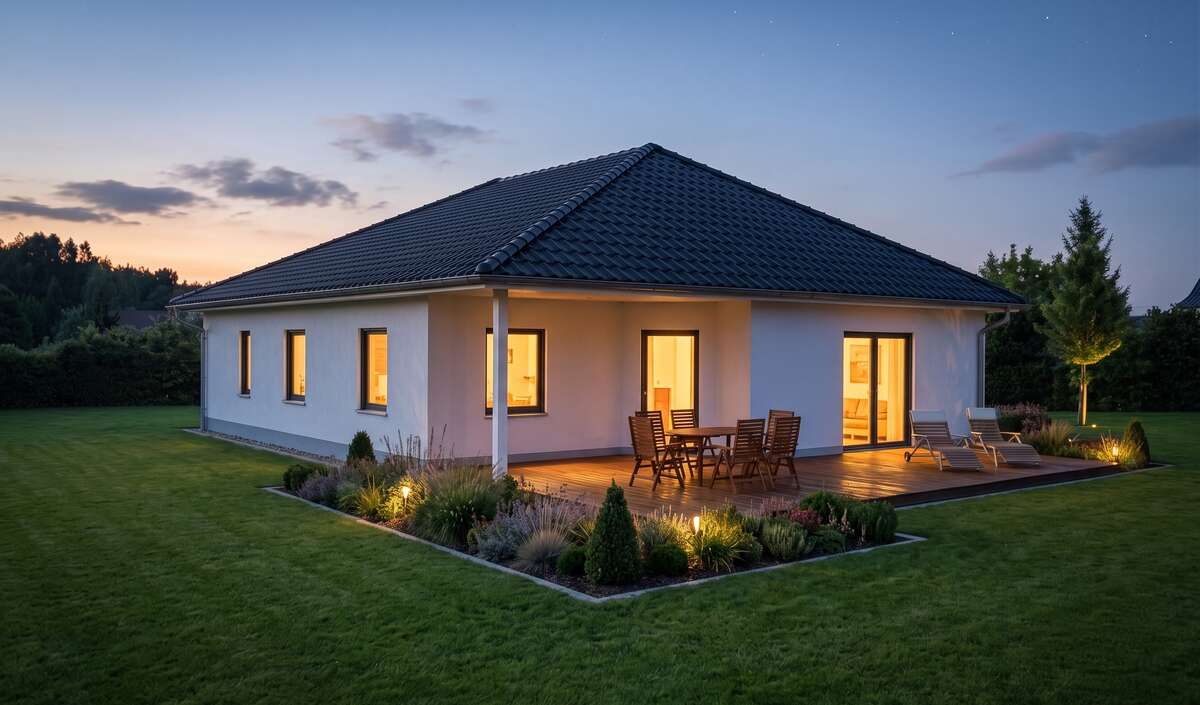 Bungalow entree von Elbe-Haus, Gartenansicht des 137 m² großen Architekten-Bungalows