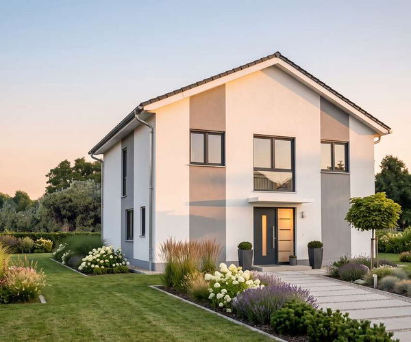 Stadtvilla plain von Elbe-Haus: Außenansicht der Eingangsseite mit klarer, geradliniger Architektur