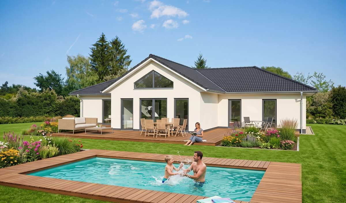 Bungalow grande von Elbe-Haus, Gartenansicht des 159 m² großen Architekten-Bungalows mit Terrasse