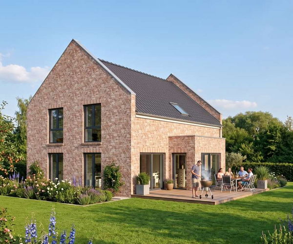 Klassikhaus base plus von Elbe-Haus, Gartenansicht des Satteldachhauses mit 279 m² Nutzfläche