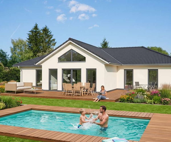 Bungalow grande von Elbe-Haus, Gartenansicht des 159 m² großen Architekten-Bungalows mit Terrasse