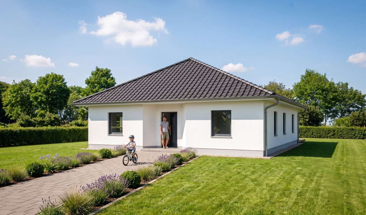 Bungalow entree von Elbe-Haus, Eingangsansicht mit eingerücktem Eingangsbereich