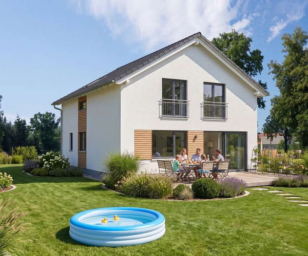 Stadtvilla neo von Elbe-Haus, Gartenansicht der modernen Stadtvilla mit Terrasse