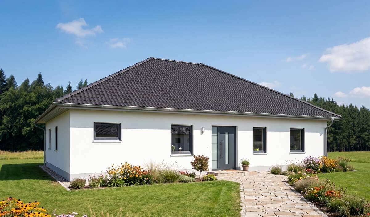 Bungalow rewi von Elbe-Haus, Eingangsansicht des 152 m² großen Bungalows