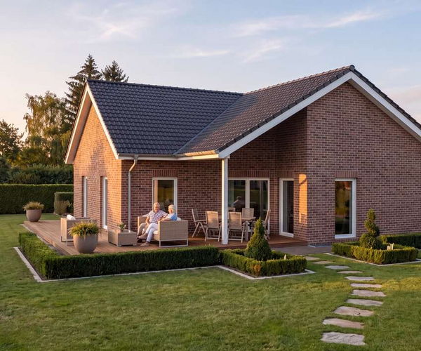 Bungalow vera von Elbe-Haus mit überdachter Veranda, Gartenansicht in der Abendstimmung