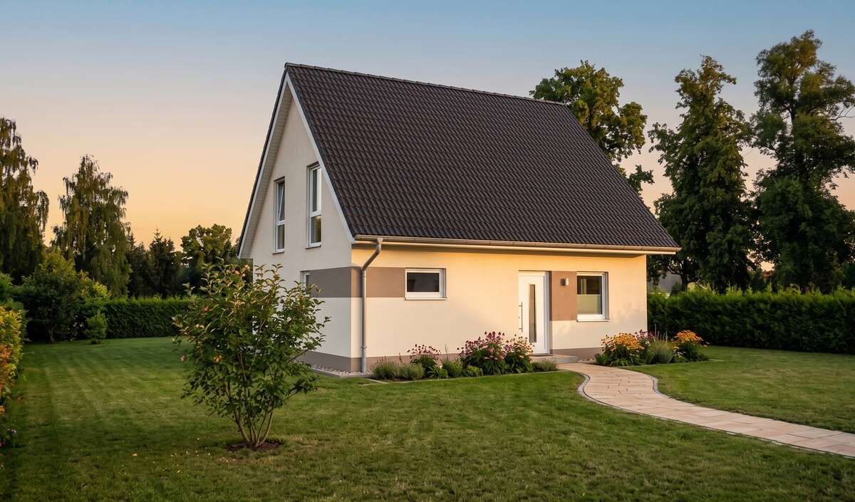 Klassikhaus linea von Elbe-Haus, Eingangsansicht des Satteldachhauses mit 139 m² Nutzfläche