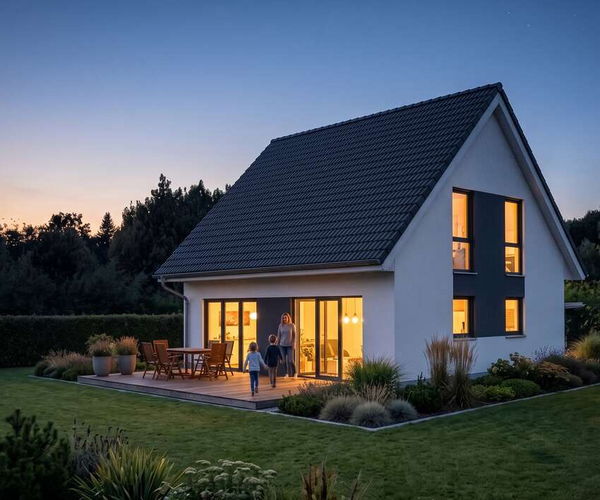 Klassikhaus slim von Elbe-Haus, Gartenansicht des Satteldachhauses mit 124 m² Nutzfläche