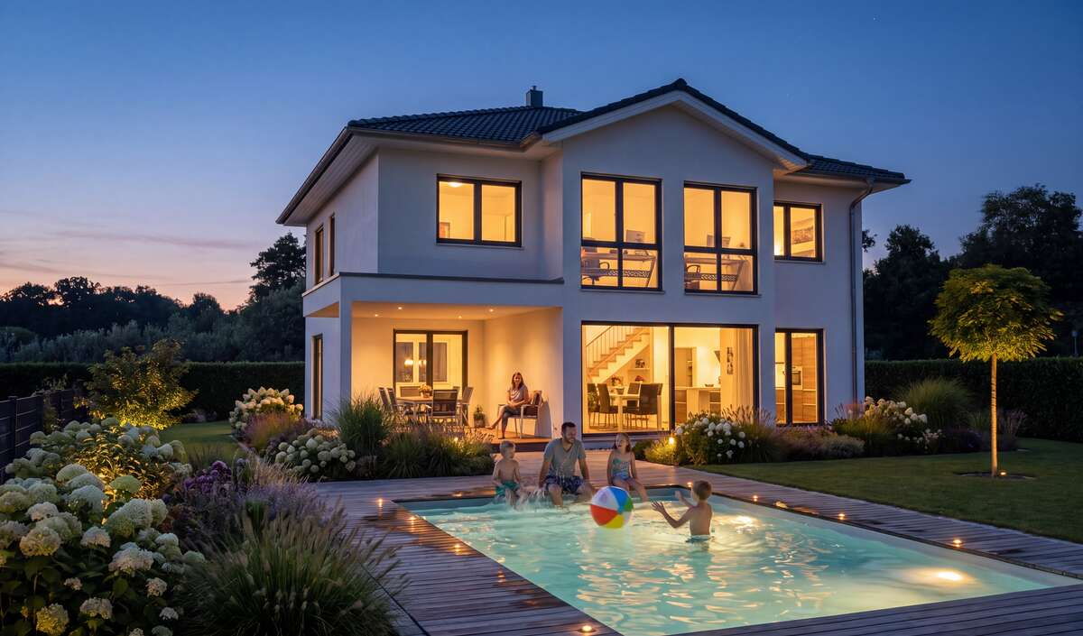 Stadtvilla terra von Elbe-Haus: Gartenansicht mit großer Terrasse vor dem Wohn-/Essbereich
