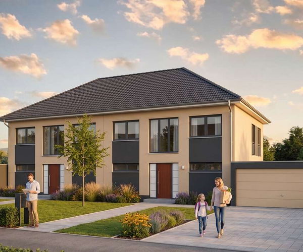 Doppelhaus join von Elbe-Haus: Eingangsseite mit den Hauseingängen beider Haushälften