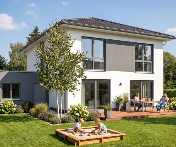 Stadtvilla slim von Elbe-Haus: Gartenansicht mit Terrasse vor dem weitläufigen Wohn-/Essbereich