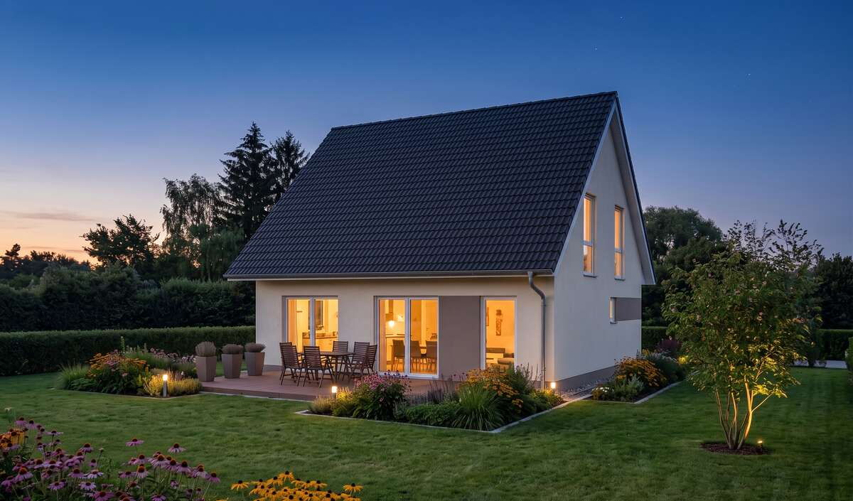 Klassikhaus linea von Elbe-Haus, Gartenansicht mit Terrasse am Wohn-/Essbereich