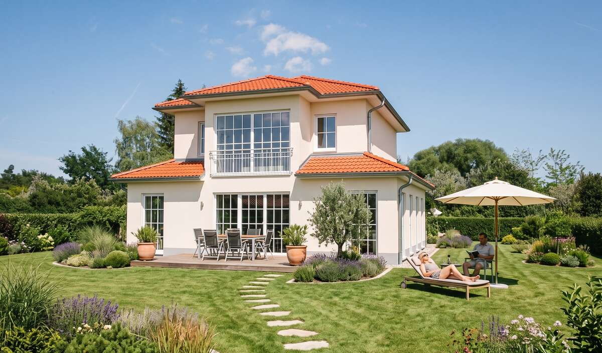 Stadtvilla sol von Elbe-Haus, Gartenansicht mit breiter Terrasse