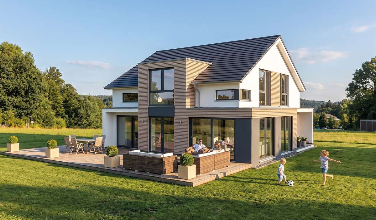 Klassikhaus accent von Elbe-Haus, Gartenansicht mit Terrassen und moderner Fassade