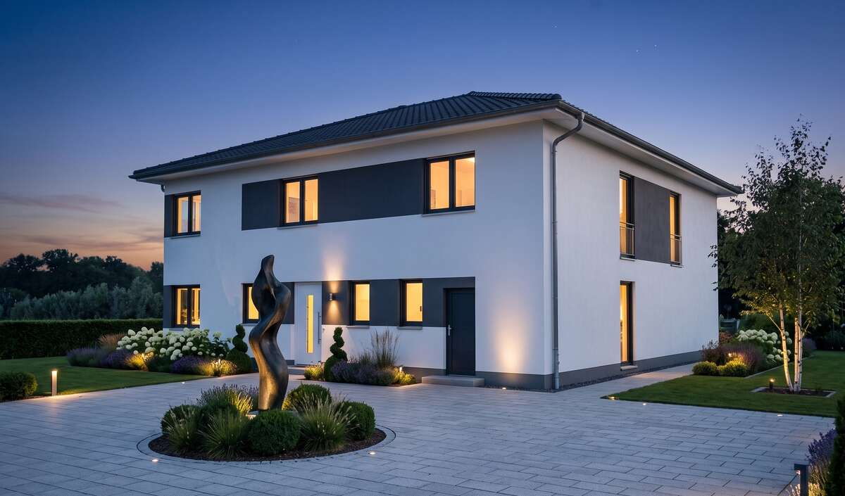 Stadtvilla grande von Elbe-Haus: Eingangsseite mit Walmdach, weißem Putz und anthrazitfarbenen Fassadenakzenten in der Abenddämmerung