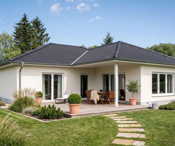 Bungalow liwi von Elbe-Haus, Gartenansicht des Winkelbungalows mit Terrasse