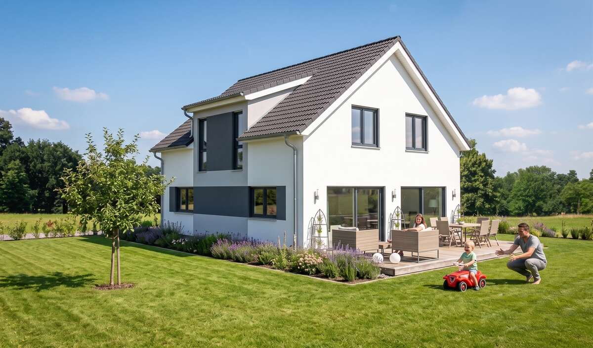 Klassikhaus entree von Elbe-Haus, Gartenansicht mit breiter Fensterfront zur Terrasse