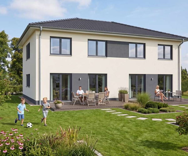 Doppelhaus twin von Elbe-Haus: Gartenansicht der zwei identischen Haushälften
