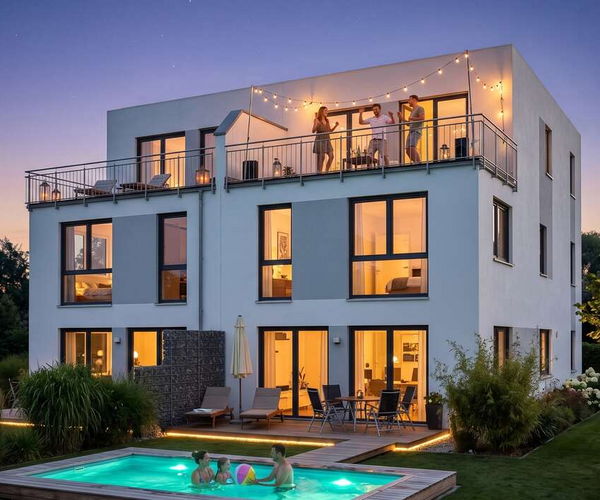 Doppelhaus next von Elbe-Haus: Gartenansicht des dreigeschossigen Doppelhauses