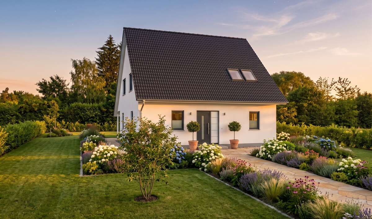 Klassikhaus vera von Elbe-Haus, Frontansicht des Satteldachhauses mit Eingang