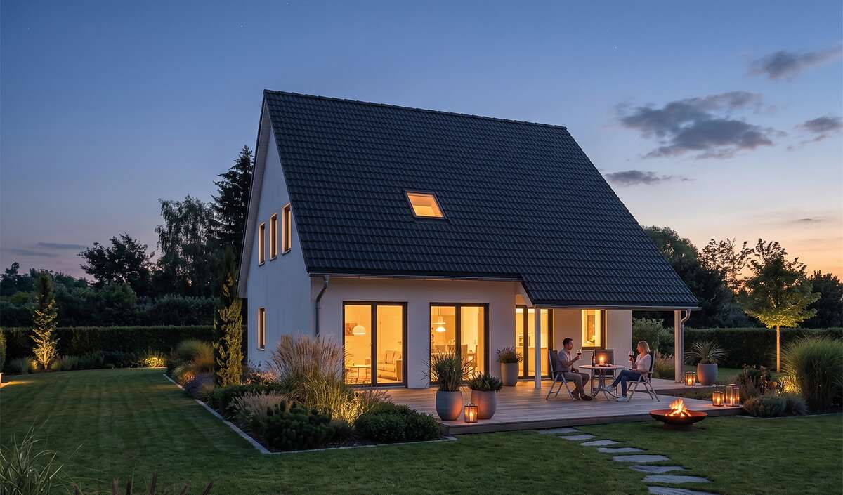 Klassikhaus vera von Elbe-Haus, Gartenansicht des Satteldachhauses mit 171 m² Nutzfläche