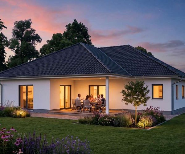 Bungalow rewi von Elbe-Haus, Gartenansicht des L-förmigen Architekten-Bungalows