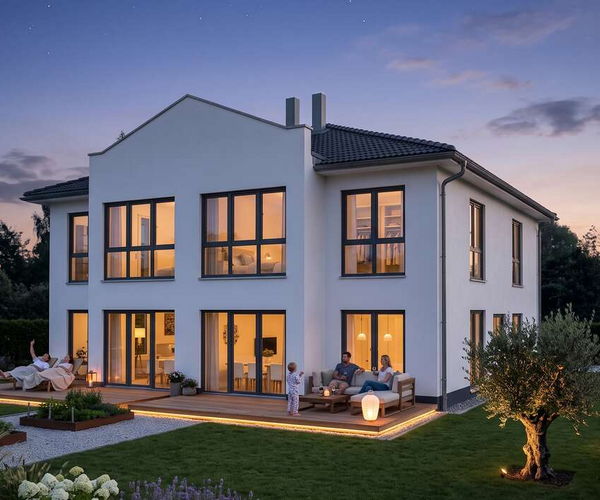 Doppelhaus bond von Elbe-Haus: Gartenansicht mit den Terrassen beider Haushälften