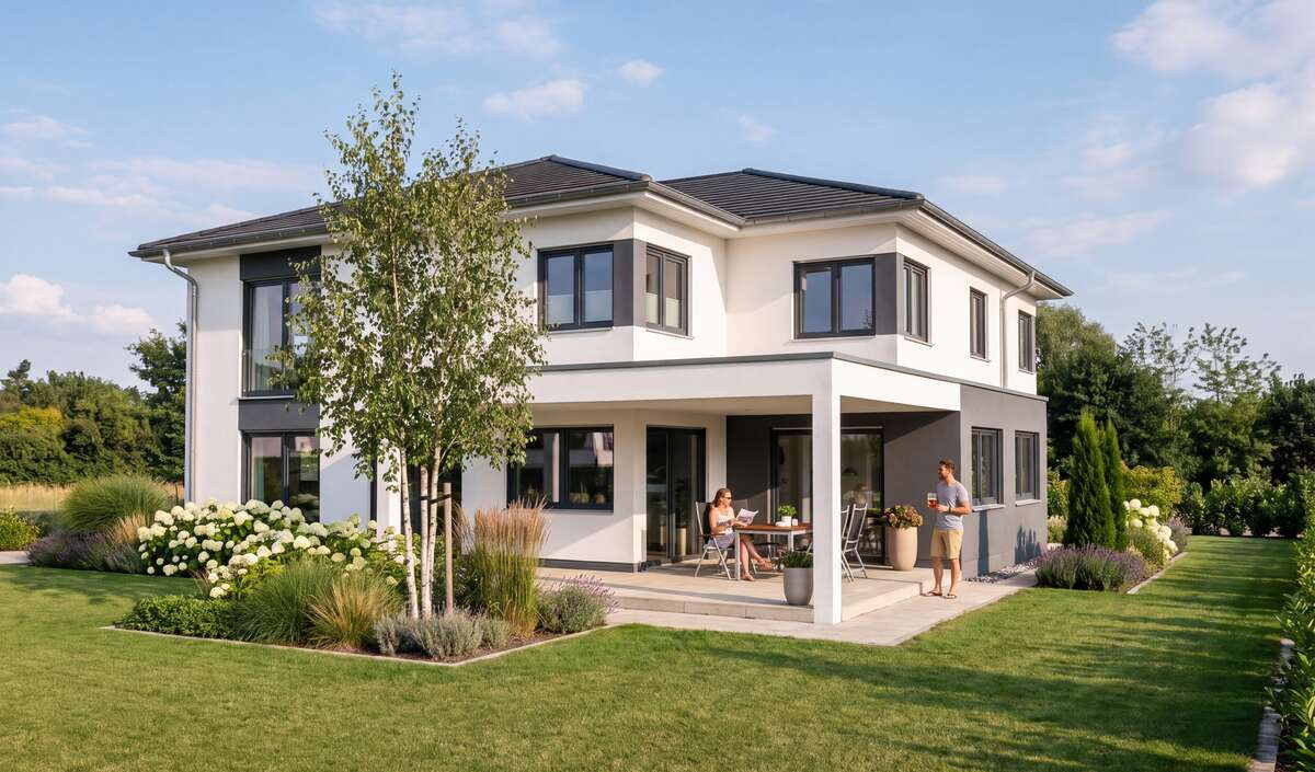 Stadtvilla grande von Elbe-Haus: Gartenansicht mit Walmdach und überdachter Terrasse vor dem Wohn-/Essbereich