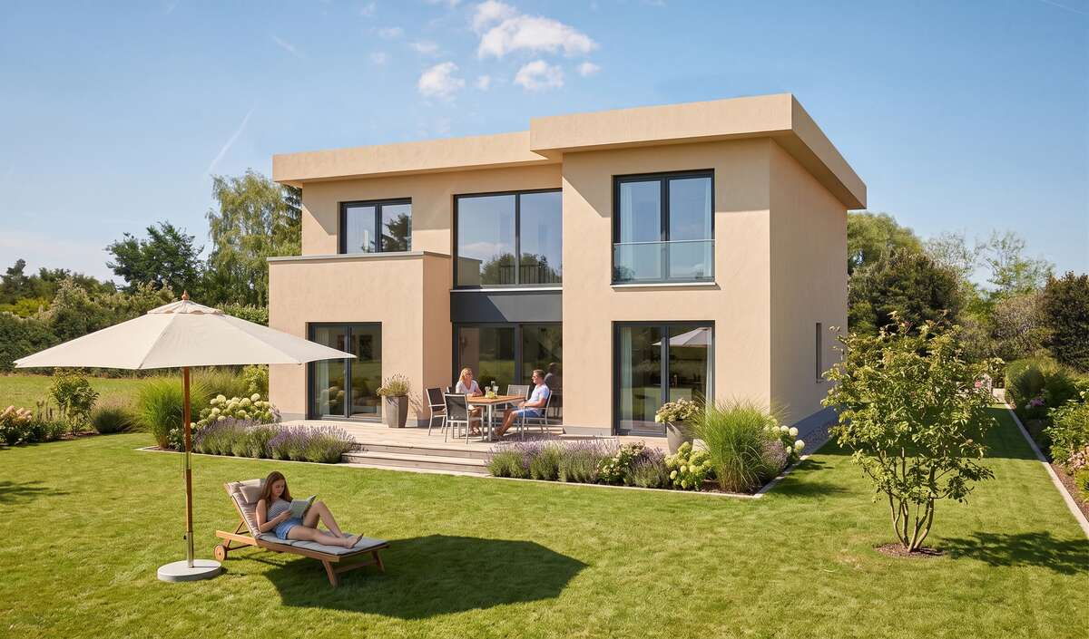 Stadtvilla patio von Elbe-Haus: Gartenansicht mit Flachdach, großer Terrasse und bodentiefen Fenstern zum Wohn-/Essbereich