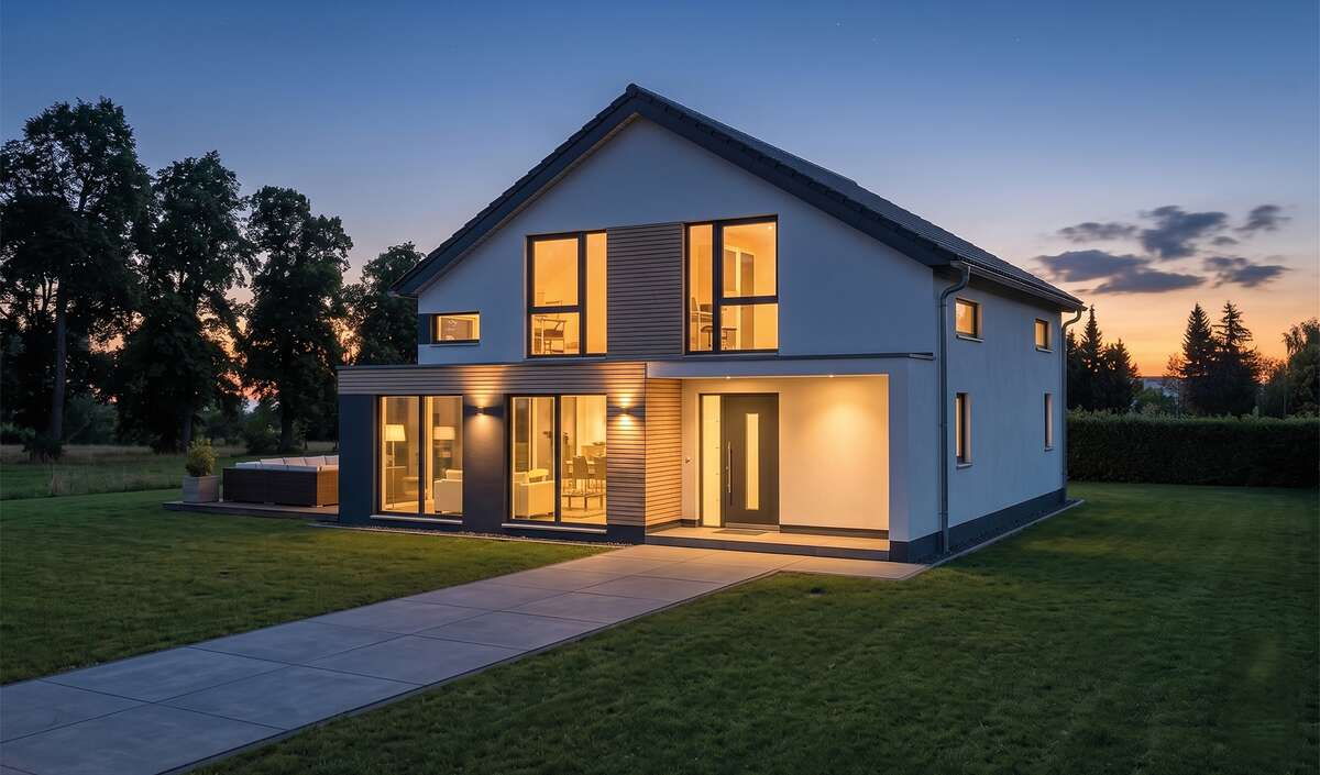 Klassikhaus accent von Elbe-Haus, Eingangsansicht des Satteldachhauses mit markanter Fassadengestaltung