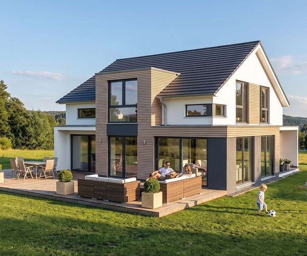 Klassikhaus accent von Elbe-Haus, Gartenansicht mit Terrassen und moderner Fassade