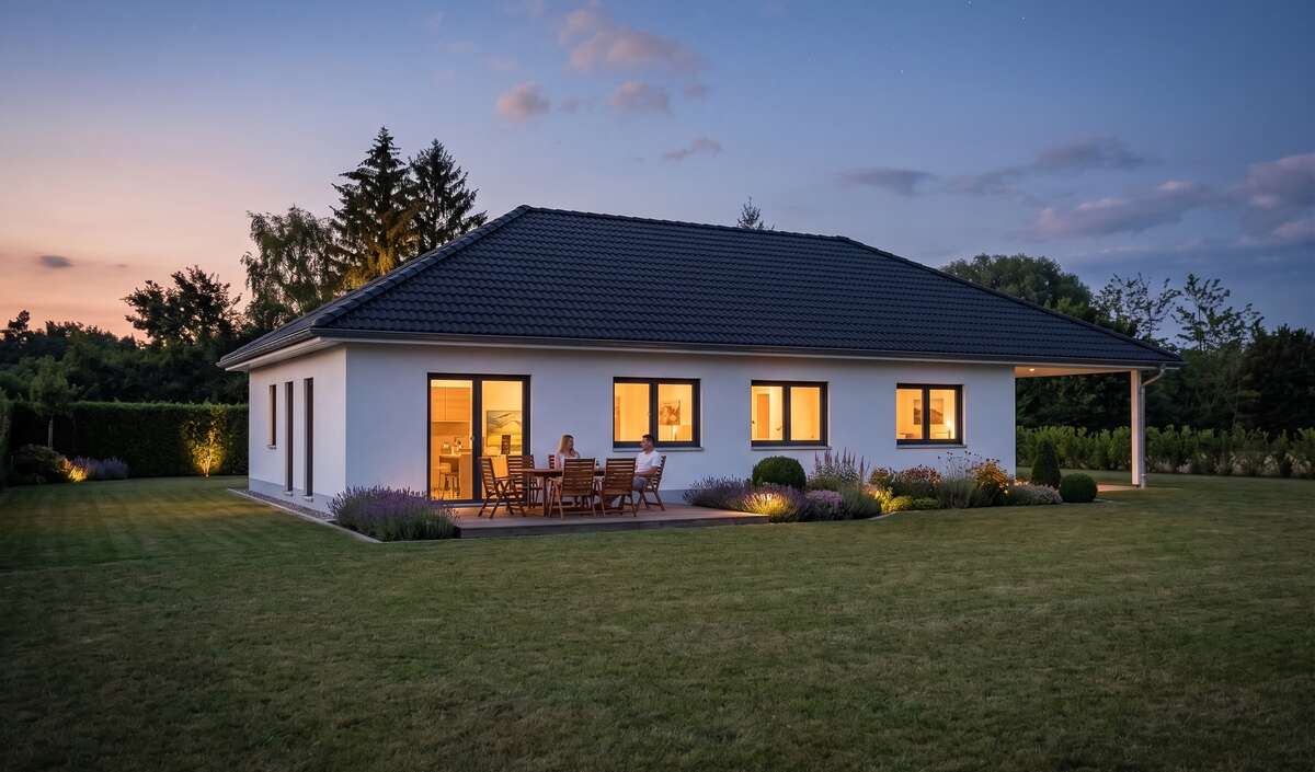 Bungalow flex von Elbe-Haus, Gartenansicht des gestreckten Architekten-Bungalows