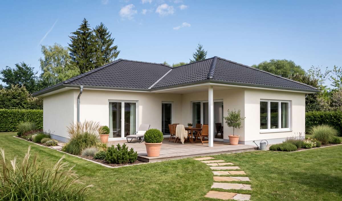 Bungalow liwi von Elbe-Haus, Gartenansicht des Winkelbungalows mit Terrasse